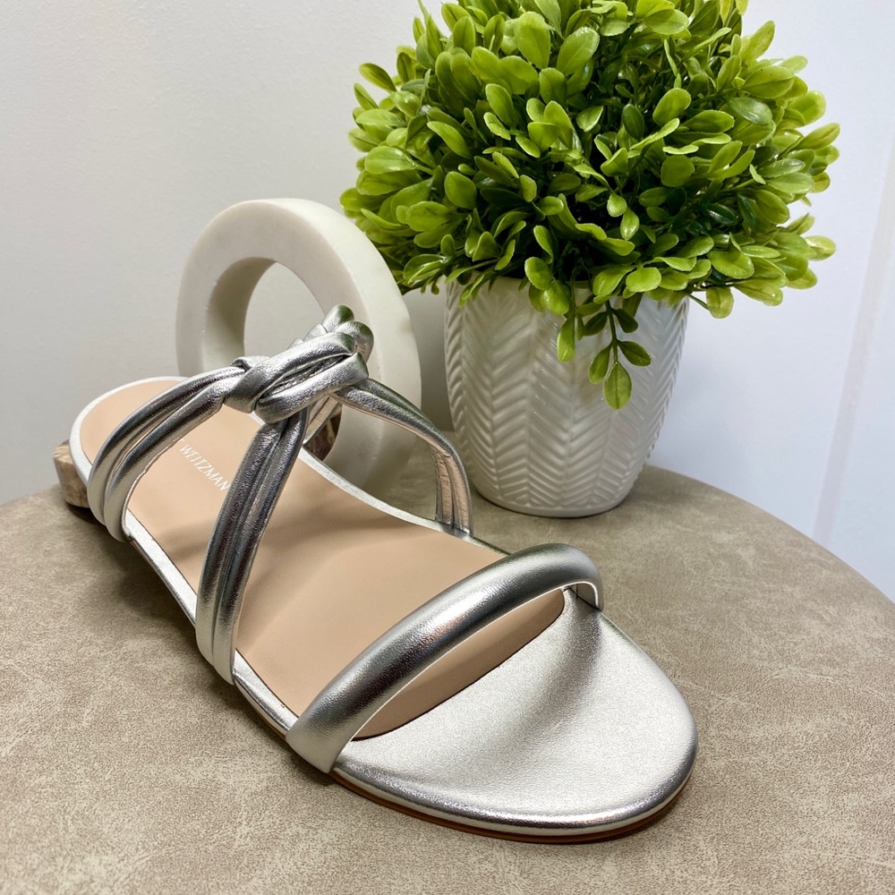 Stuart Weitzman Square Toe Twisted Knot Sandal Silver Size US 7M | New in Box